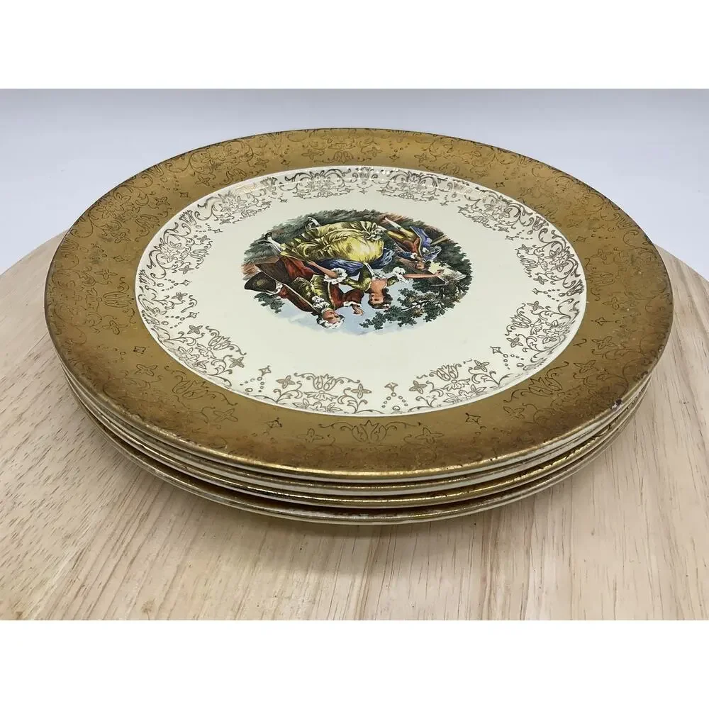 Vintage Sabin Crest-O-Gold Dinner Plates Set 4 Gold Courting Couple Rococo USA‎